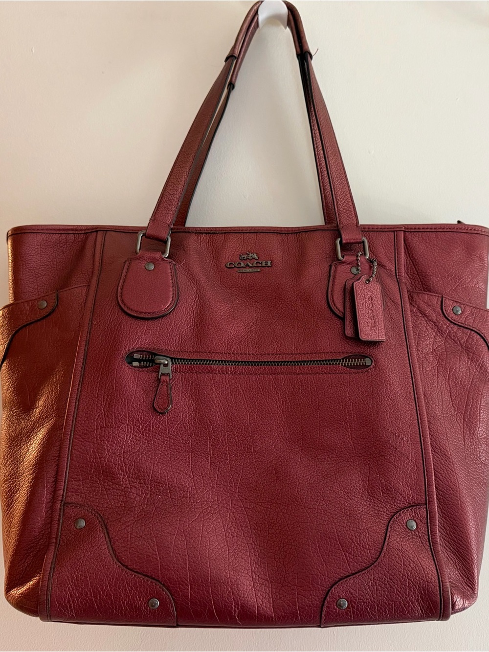 Coach Mickie Metallic Cherry Red Leather Tote Bag
